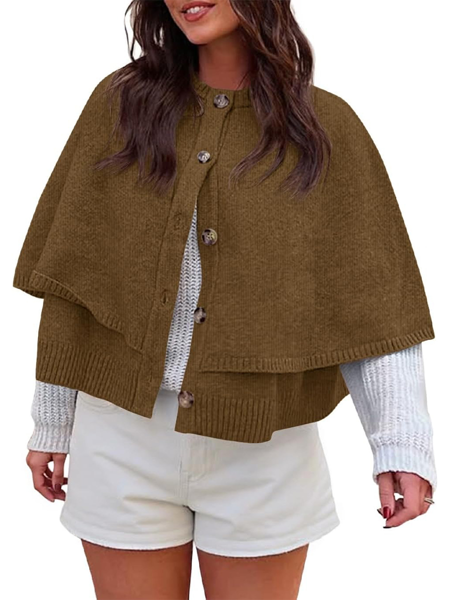 Women's Button Up Crew Neck Knit Knit Cape Cardigan Sweater