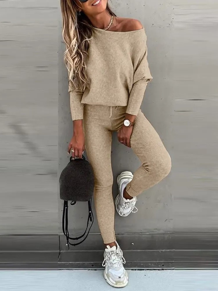 Women's Knitted Batwing Sleeve Sweater Tops Drawstring Pants 2 Piece Set