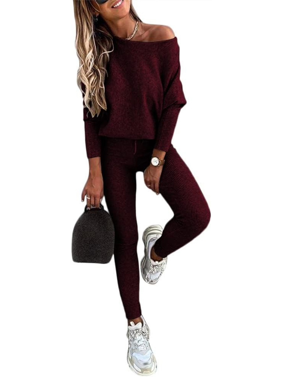 Women's Knitted Batwing Sleeve Sweater Tops Drawstring Pants 2 Piece Set