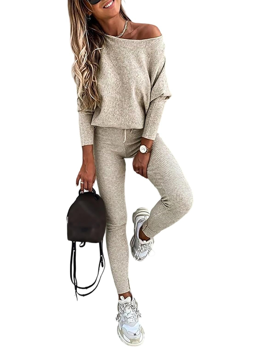 Women's Knitted Batwing Sleeve Sweater Tops Drawstring Pants 2 Piece Set