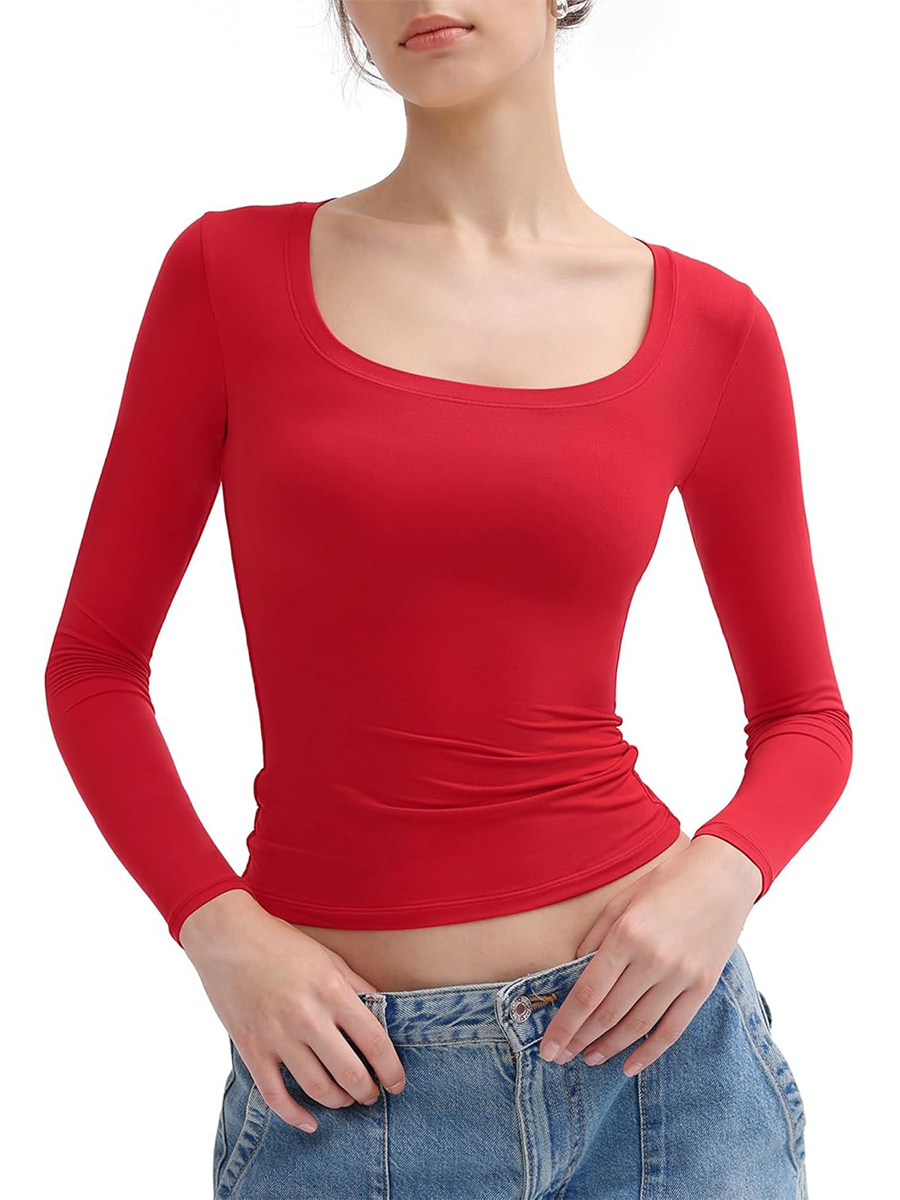 Women's Scoop Neck Slim Fit Long Sleeve Tops Double Lined Basic Tee