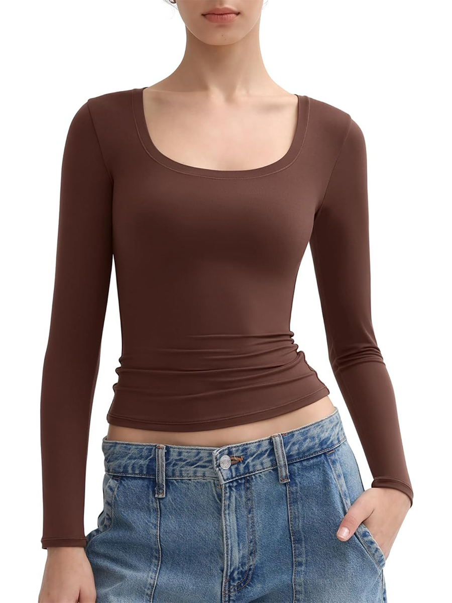 Women's Scoop Neck Slim Fit Long Sleeve Tops Double Lined Basic Tee