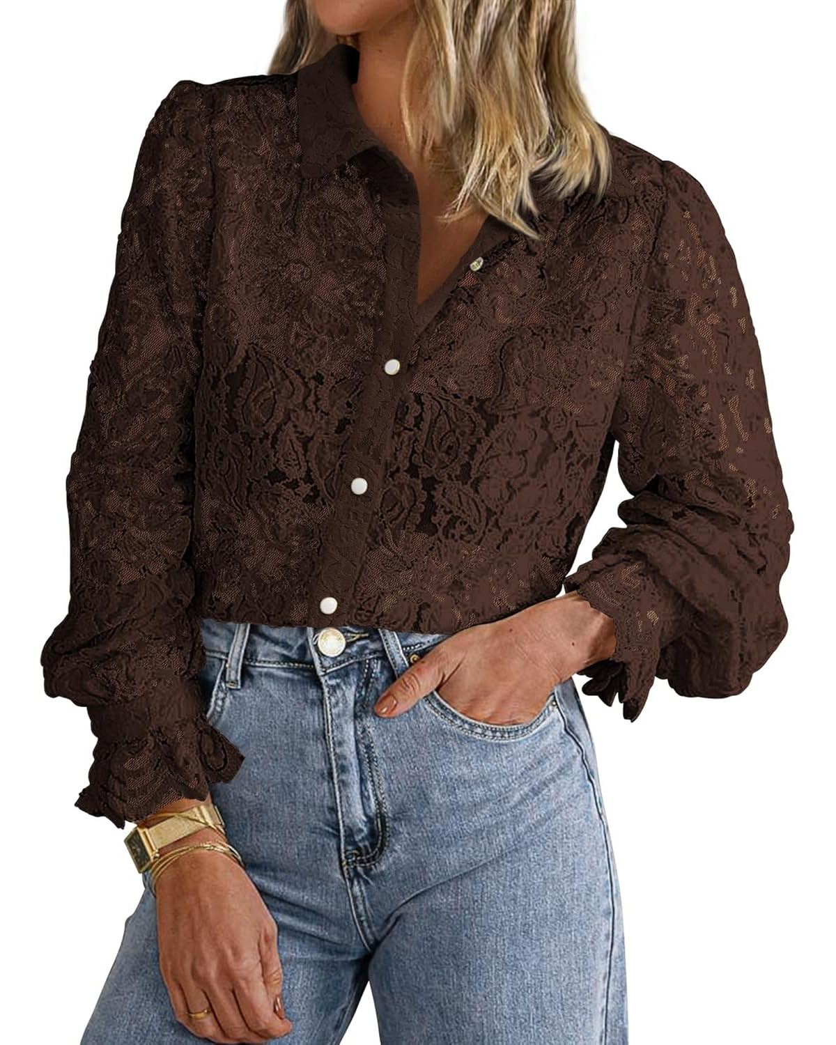 Women's Casual Dressy Lace Button Down Long Sleeve Shirts