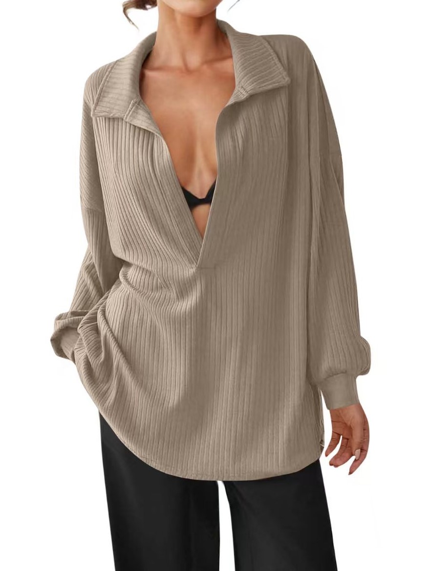 Women's Oversized Deep V Neck Long Sleeve Ribbed Knit Pullover Tops