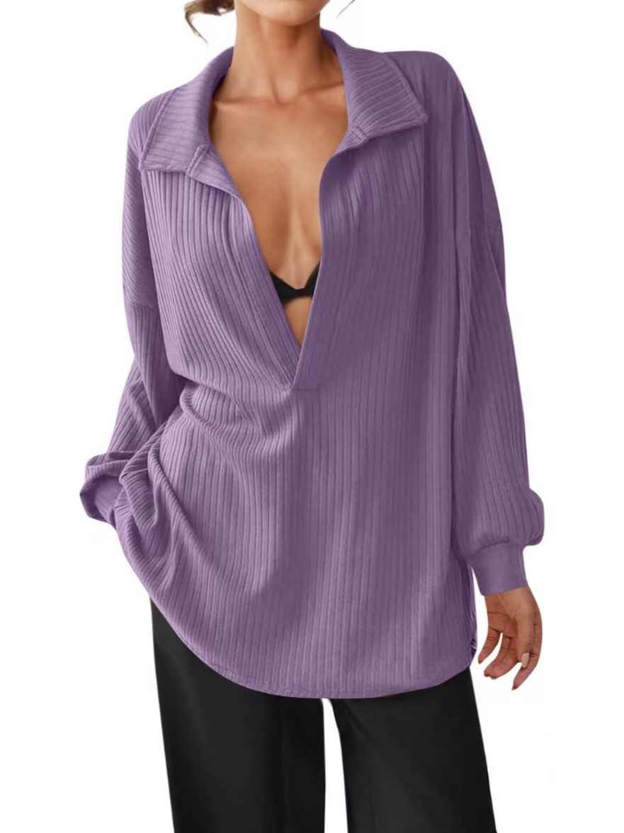 Women's Oversized Deep V Neck Long Sleeve Ribbed Knit Pullover Tops