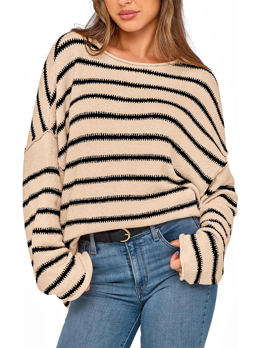 Women's Striped Boat Neck Off Shoulder Oversized Knit Sweaters