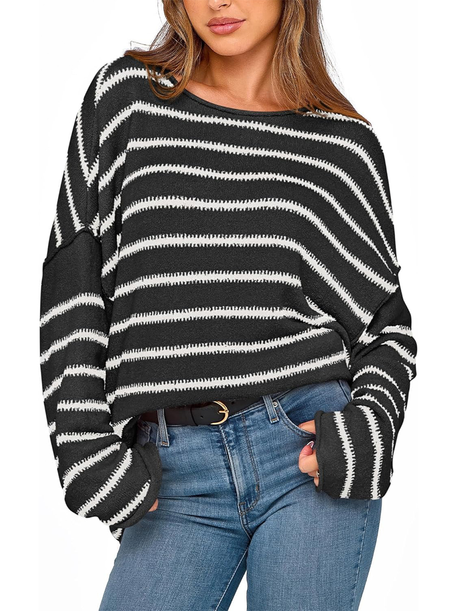 Women's Striped Boat Neck Off Shoulder Oversized Knit Sweaters