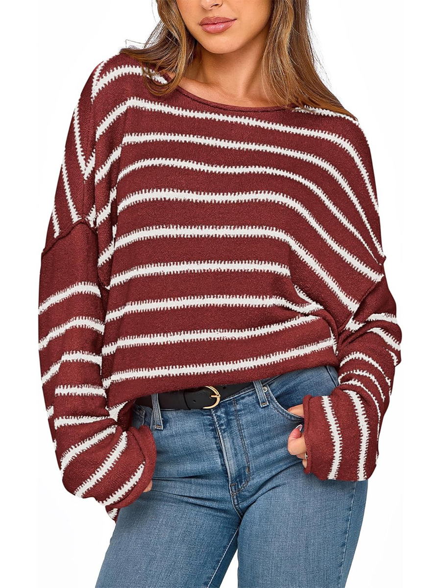 Women's Striped Boat Neck Off Shoulder Oversized Knit Sweaters