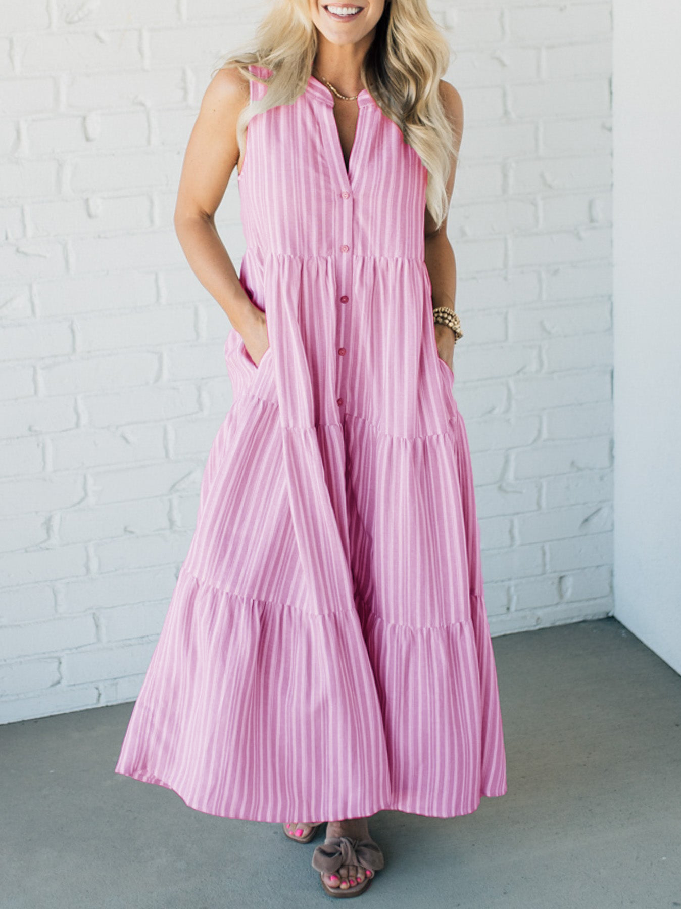 HOT SALE V Neck Striped Button Front Tiered Dress (Buy 2 Free Shipping)