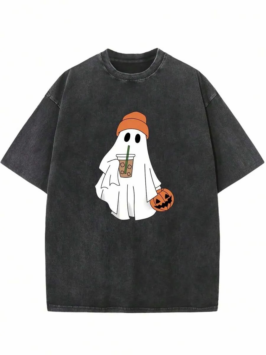 Vintage Halloween Cute Pumpkin And Ghost Print Washed T-Shirt 