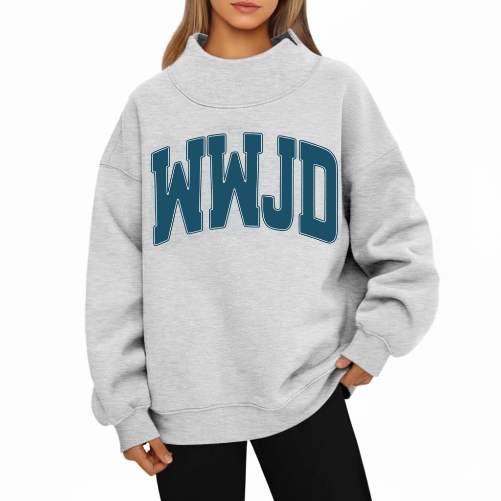 Cozy Mock Neck "WWJD" Printed Sweatshirt