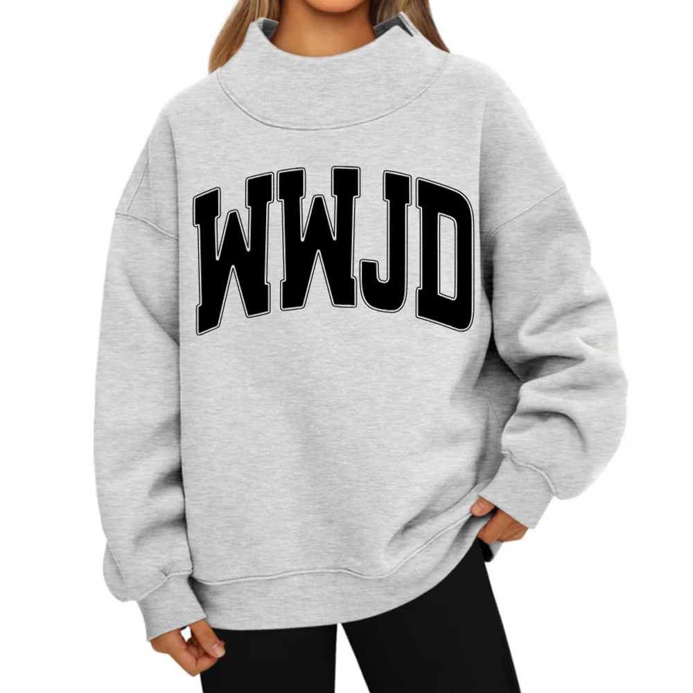 Cozy Mock Neck "WWJD" Printed Sweatshirt
