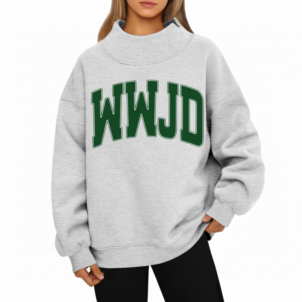 Cozy Mock Neck "WWJD" Printed Sweatshirt