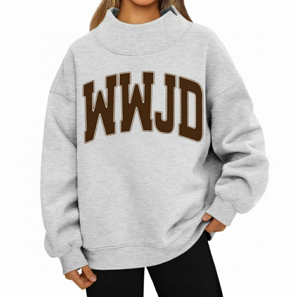 Cozy Mock Neck "WWJD" Printed Sweatshirt