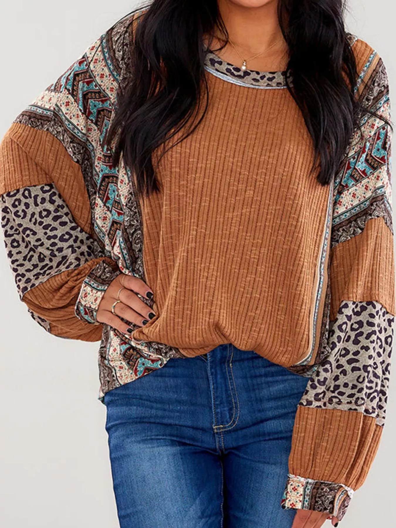 Women's Boho Leopard Patchwork Ribbed Long Sleeve Top