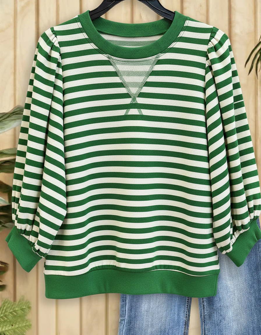 Women's Striped Puff Sleeve Sporty Round Neck Sweatshirt 