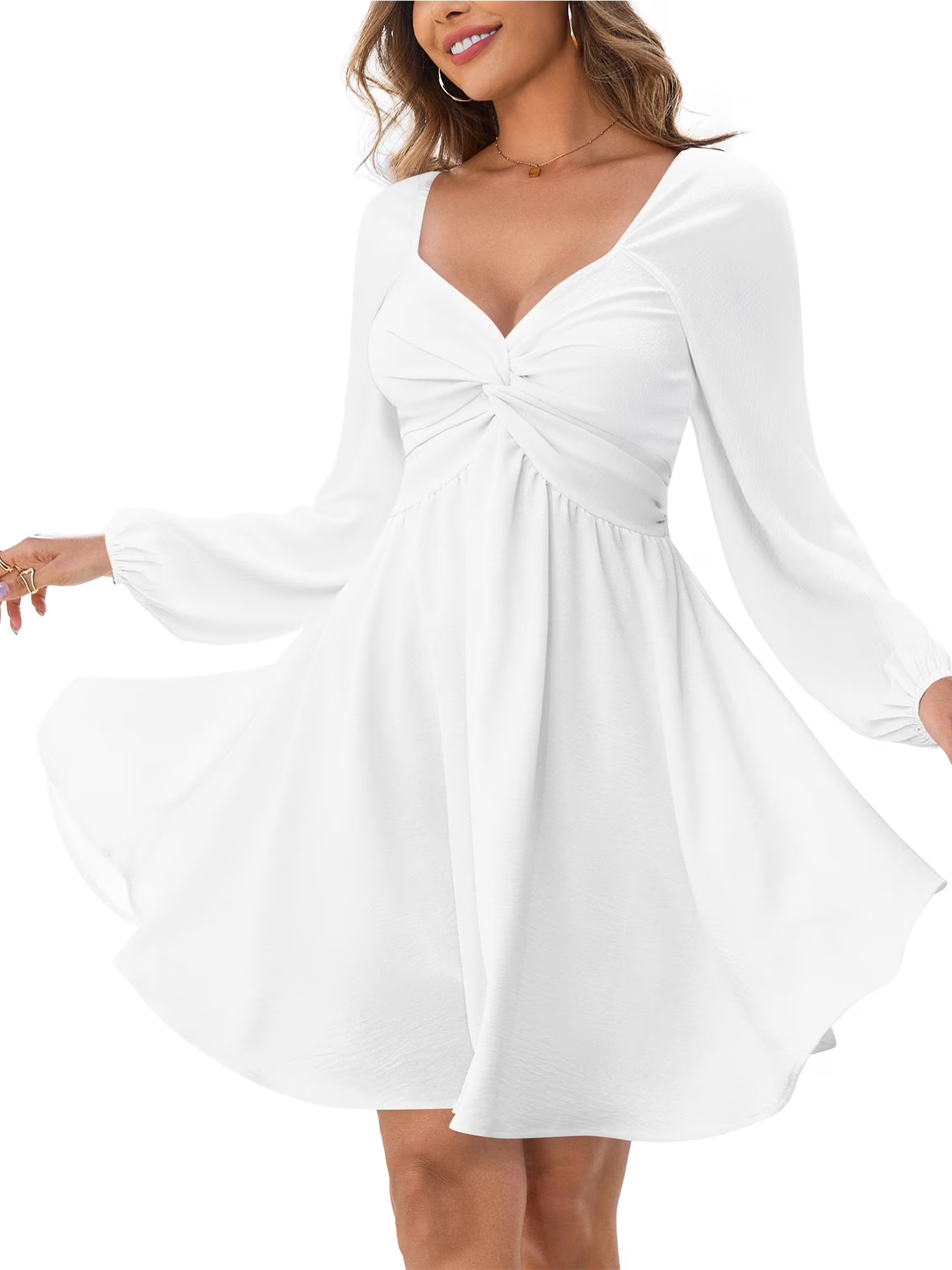 HOT SALE Women's V Neck Knot Front Smocked Back Long Sleeve Dress