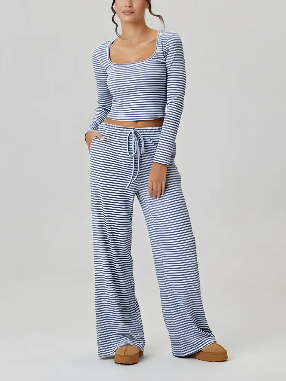 Women's Striped Square Neck Long Sleeve Top & Drawstring Pants Set