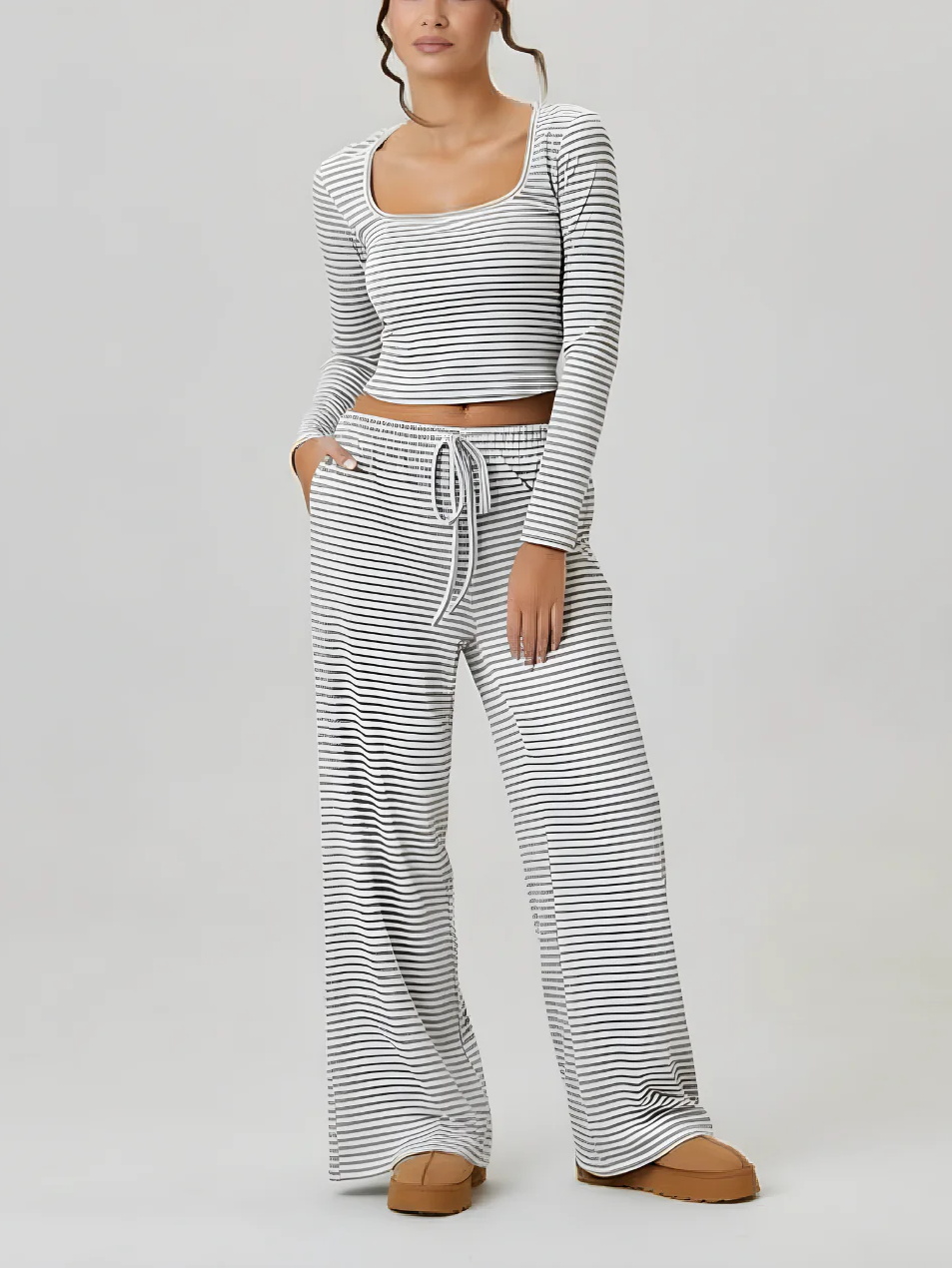 Women's Striped Square Neck Long Sleeve Top & Drawstring Pants Set