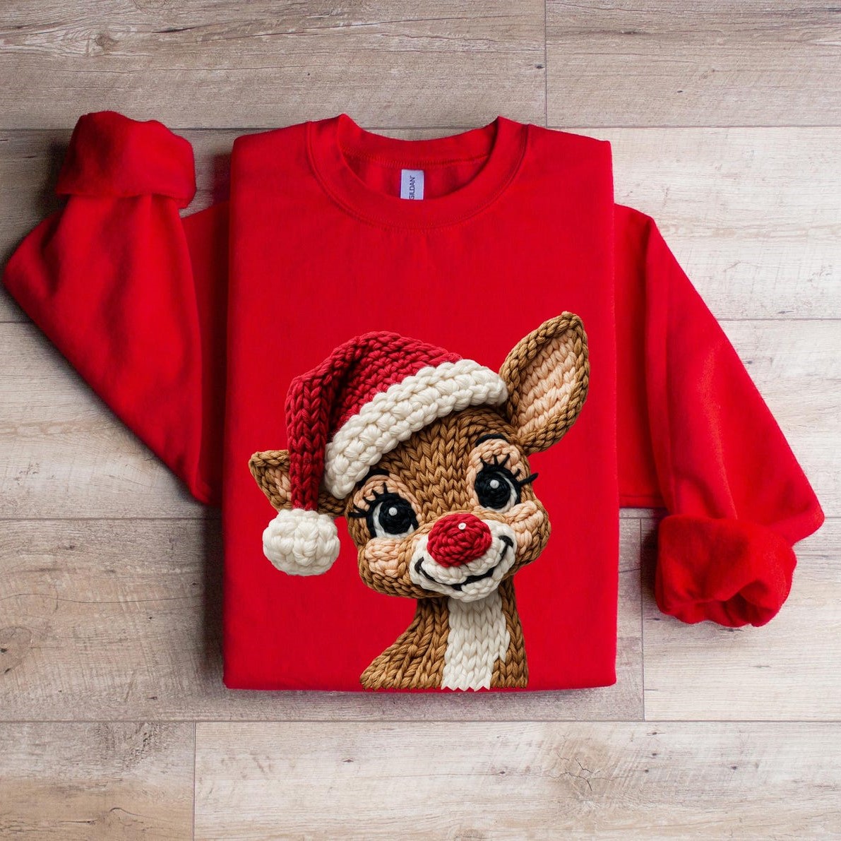 Red-Nosed Reindeer Santa Hat Print Christmas Sweatshirt
