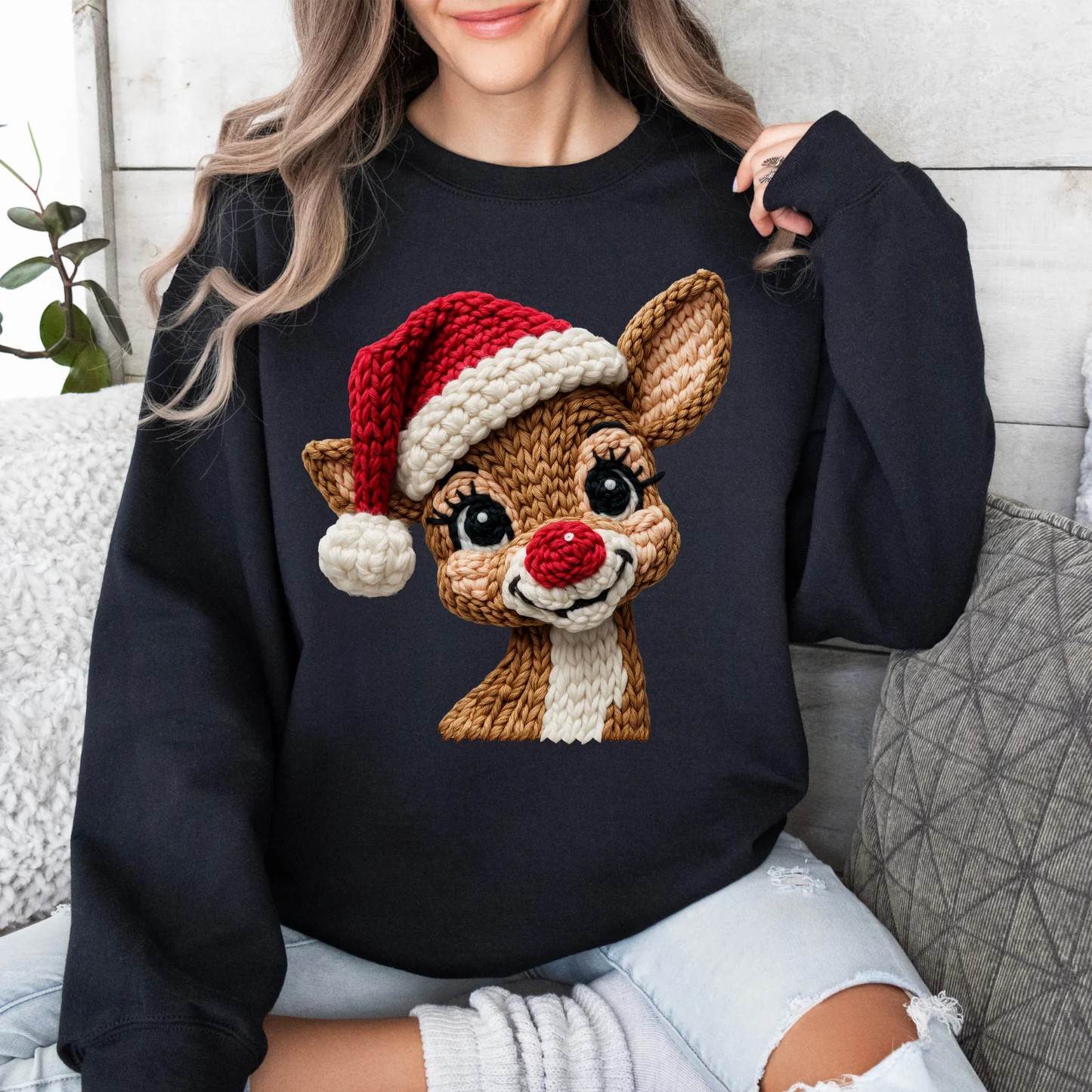 Red-Nosed Reindeer Santa Hat Print Christmas Sweatshirt