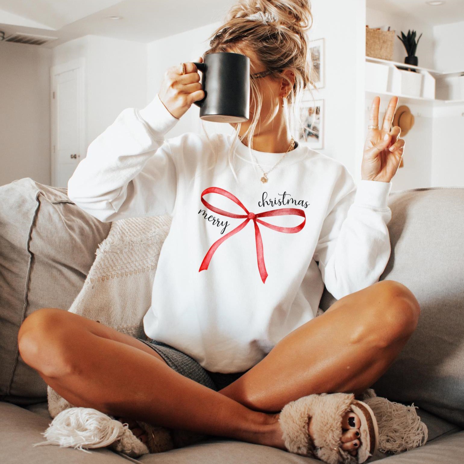 “Merry Christmas” Red Bow Print Holiday Sweatshirt