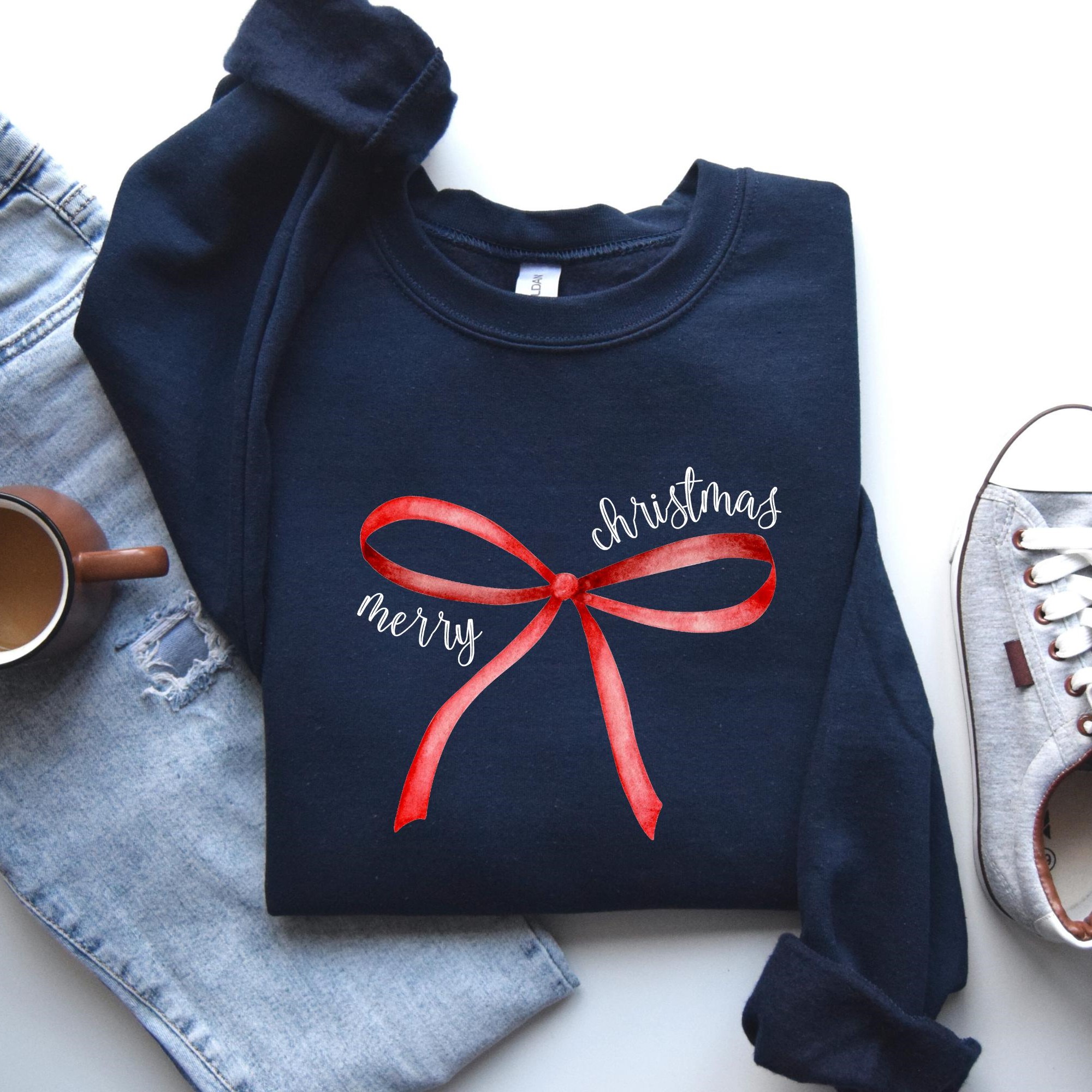 “Merry Christmas” Red Bow Print Holiday Sweatshirt