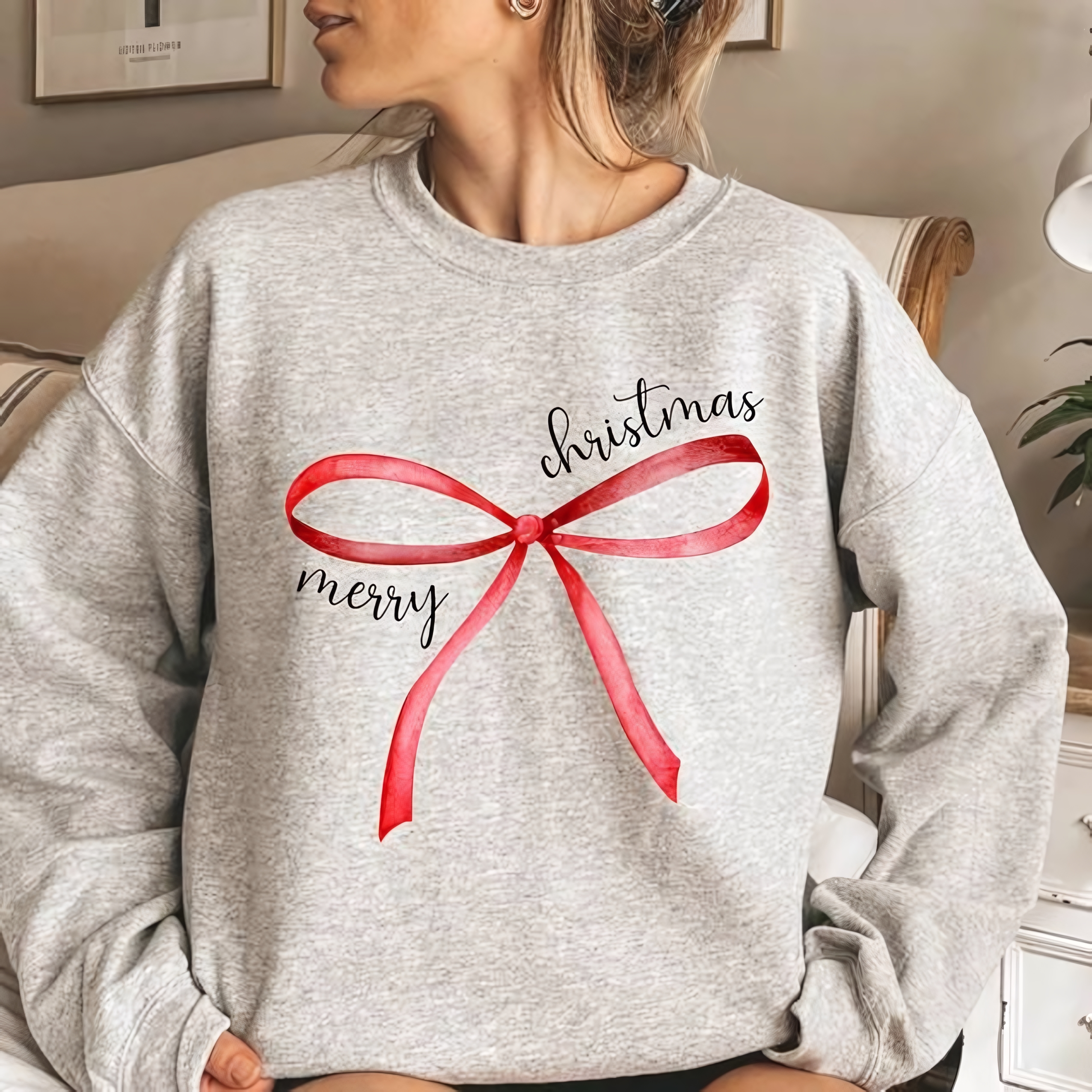 “Merry Christmas” Red Bow Print Holiday Sweatshirt