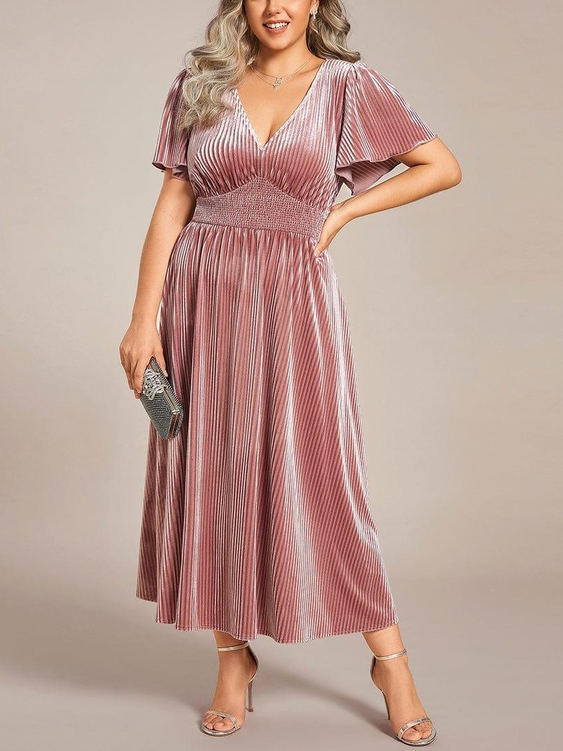 Women's V-Neck Short Sleeve Pleated Velvet Dress