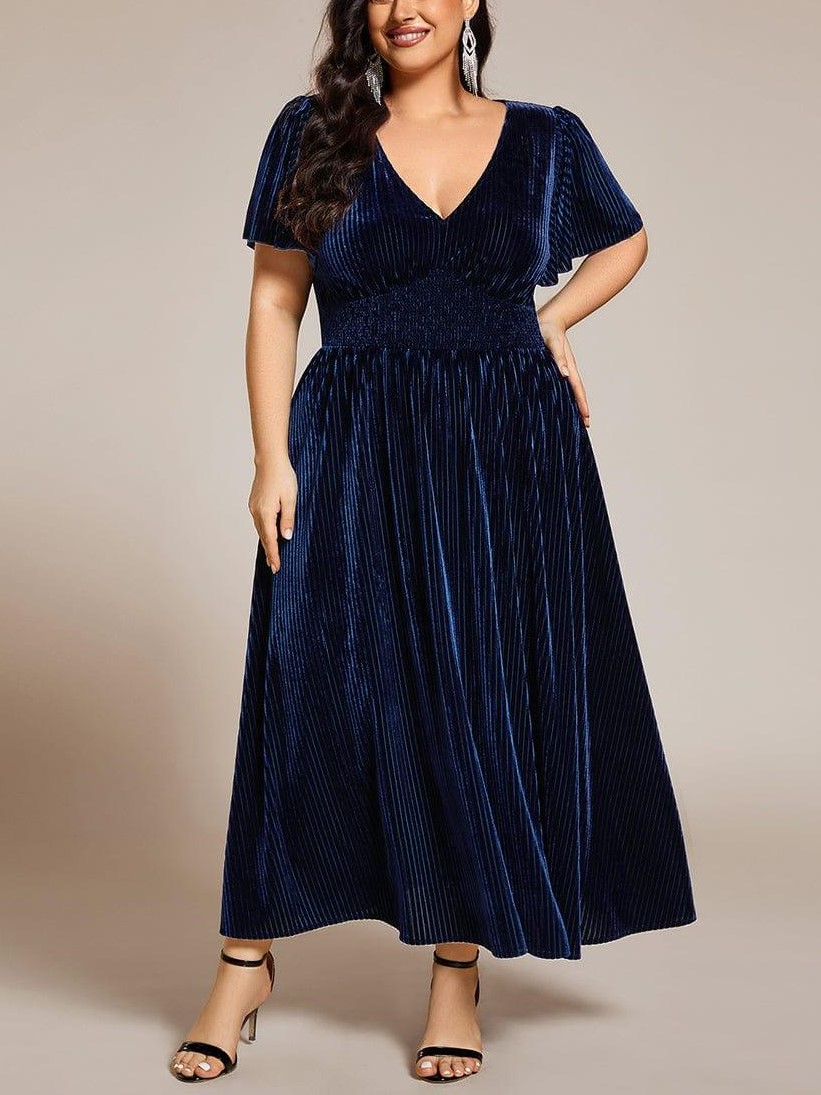 Women's V-Neck Short Sleeve Pleated Velvet Dress