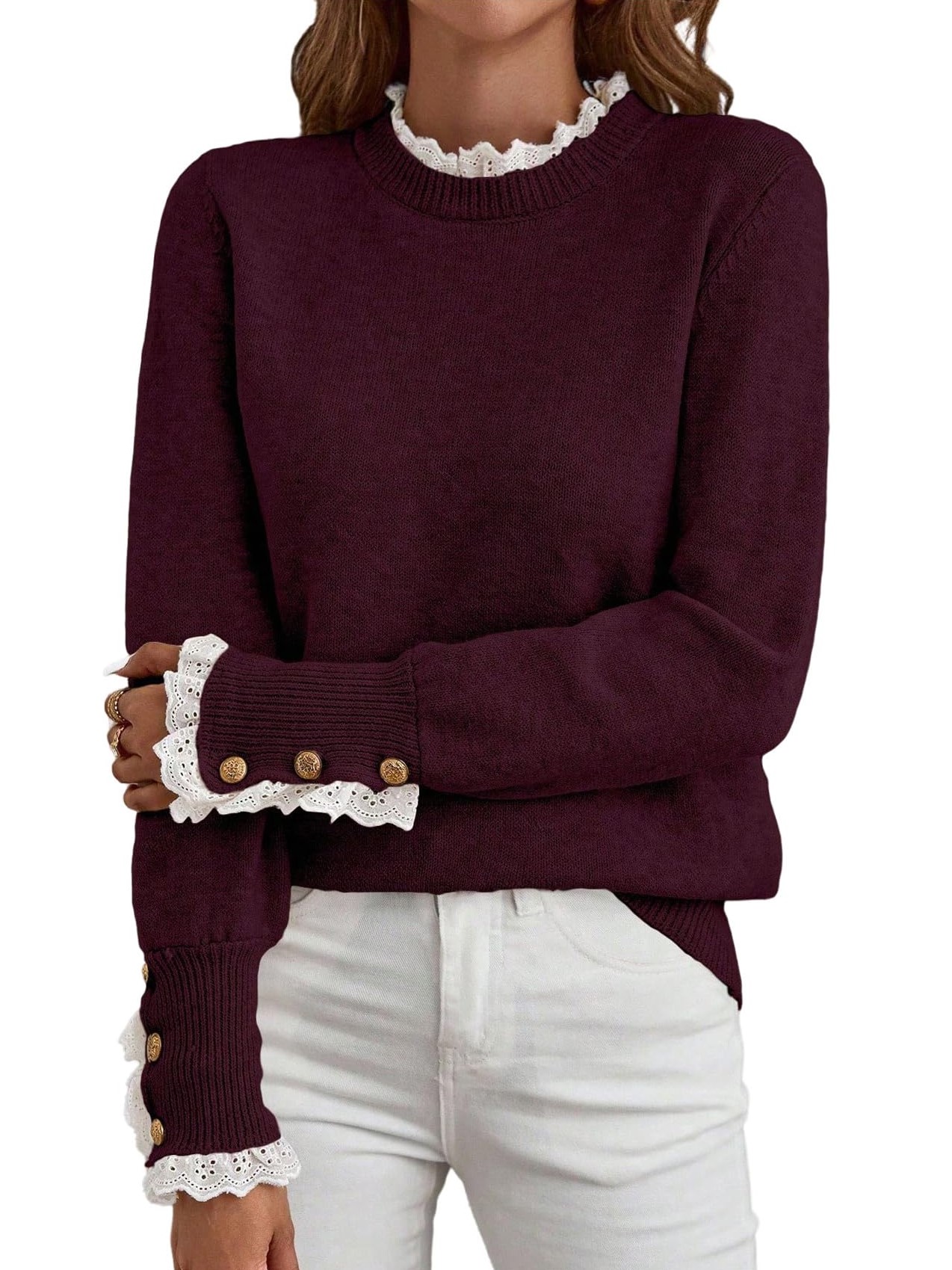 Women's Long Sleeve Knitted Button Lace Trim Sweater