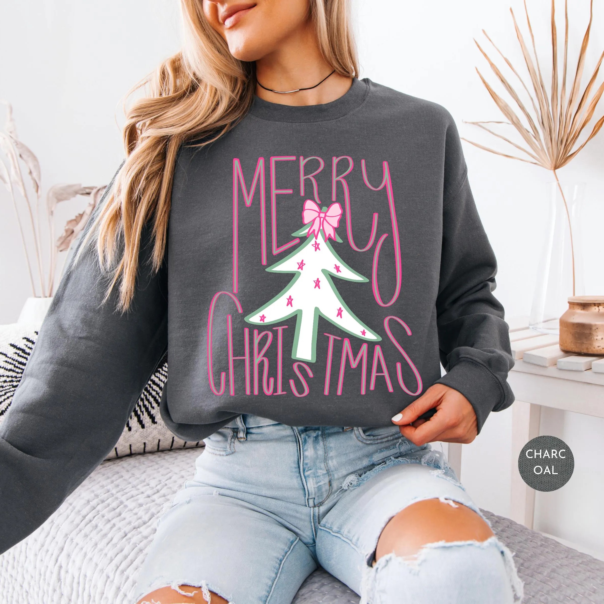 Retro "Merry Christmas" Tree Graphic Holiday Sweatshirt