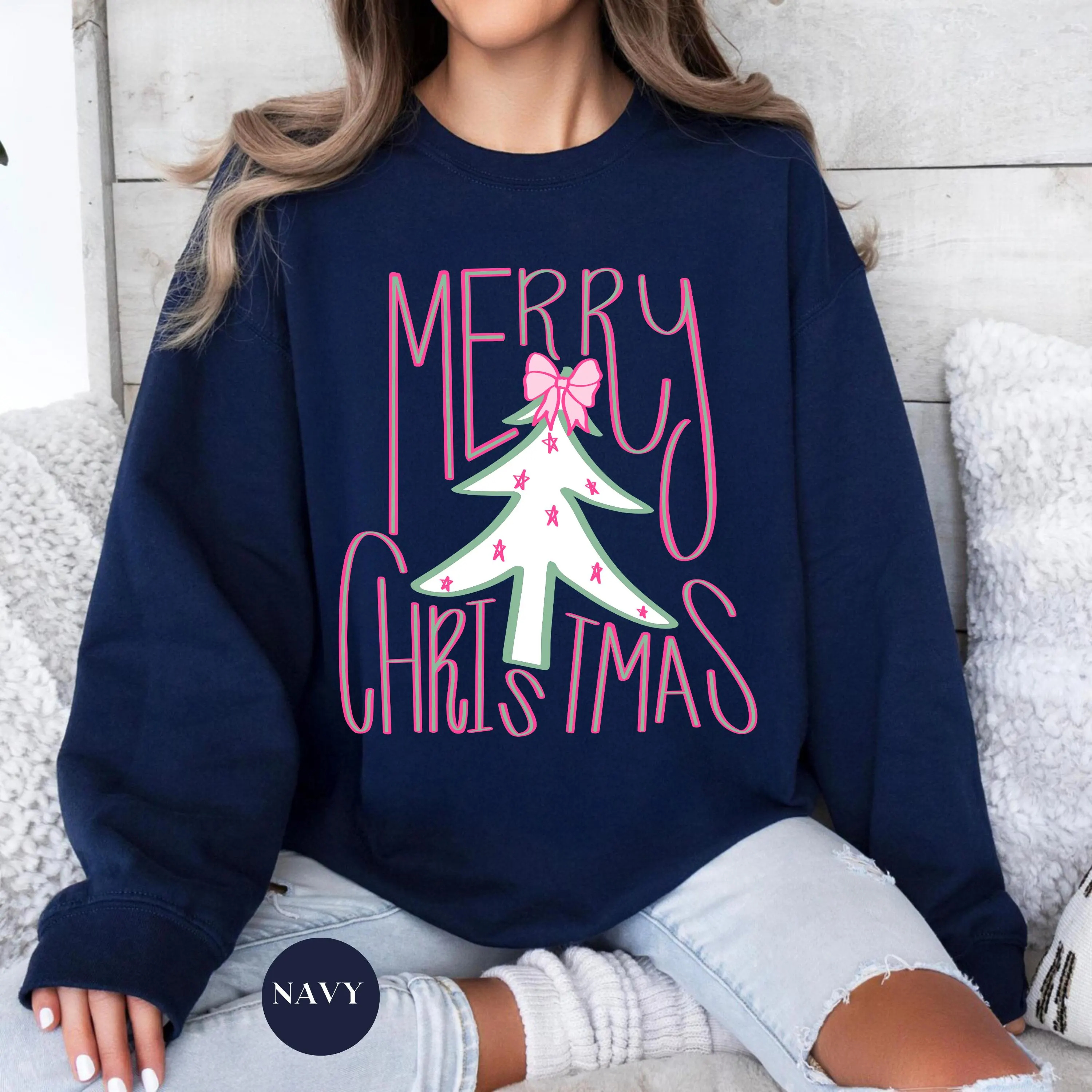 Retro "Merry Christmas" Tree Graphic Holiday Sweatshirt