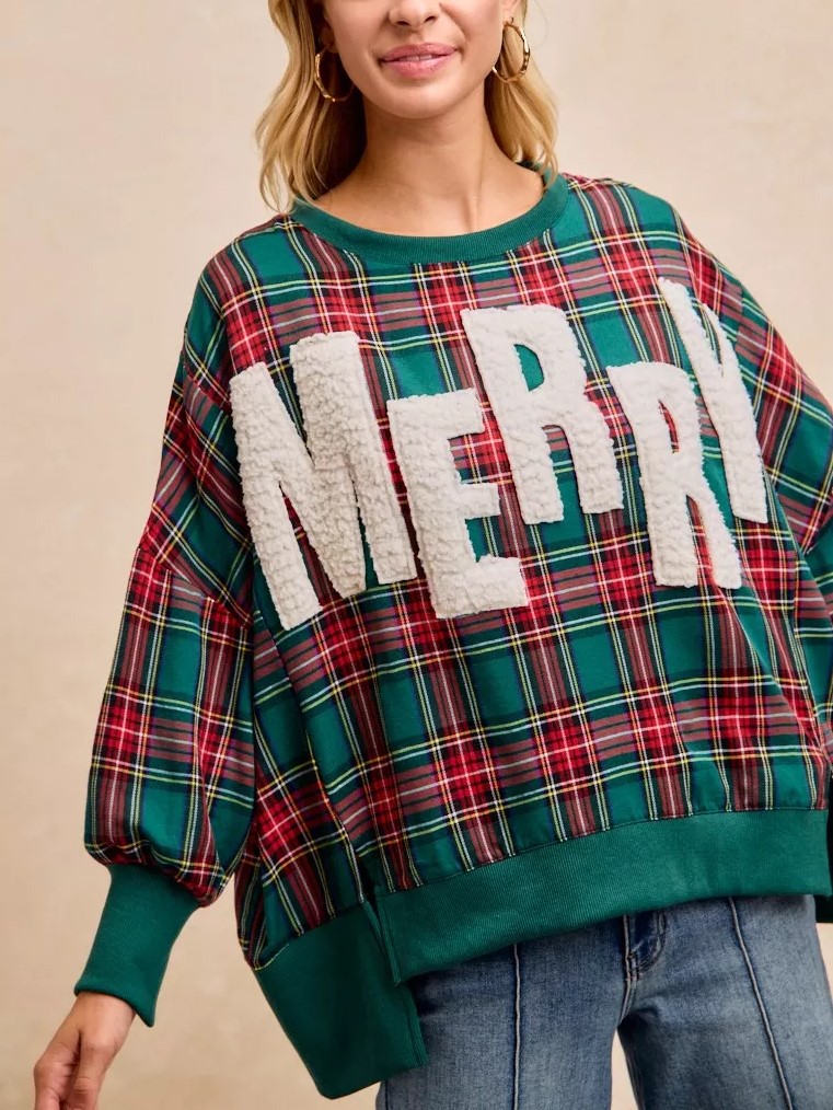 "Merry"  Fuzzy Letter Patches Christmas Plaid Sweatshirt