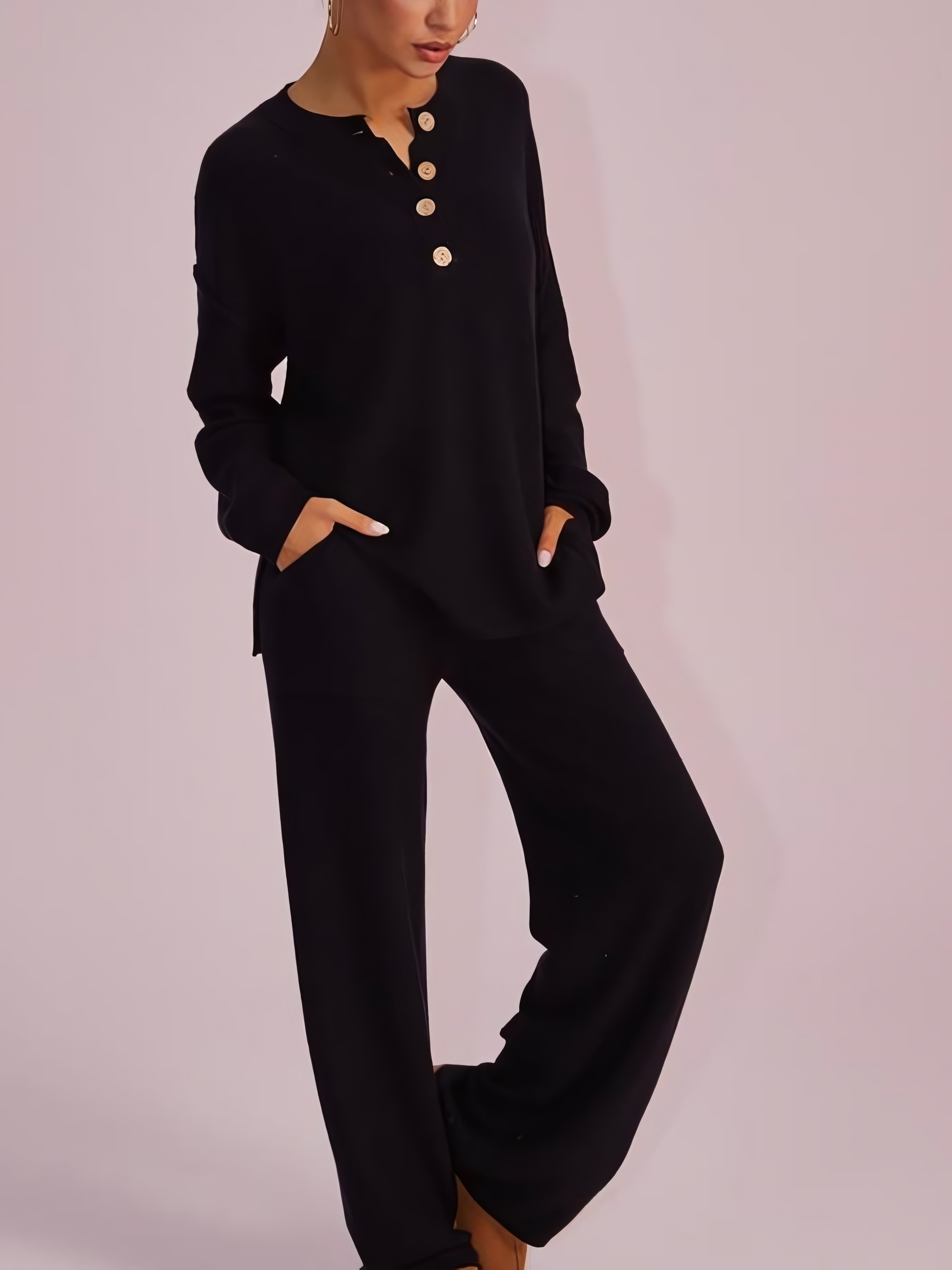 Women's Button Front Top & Wide Leg Pants Waffle Knit Lounge Set