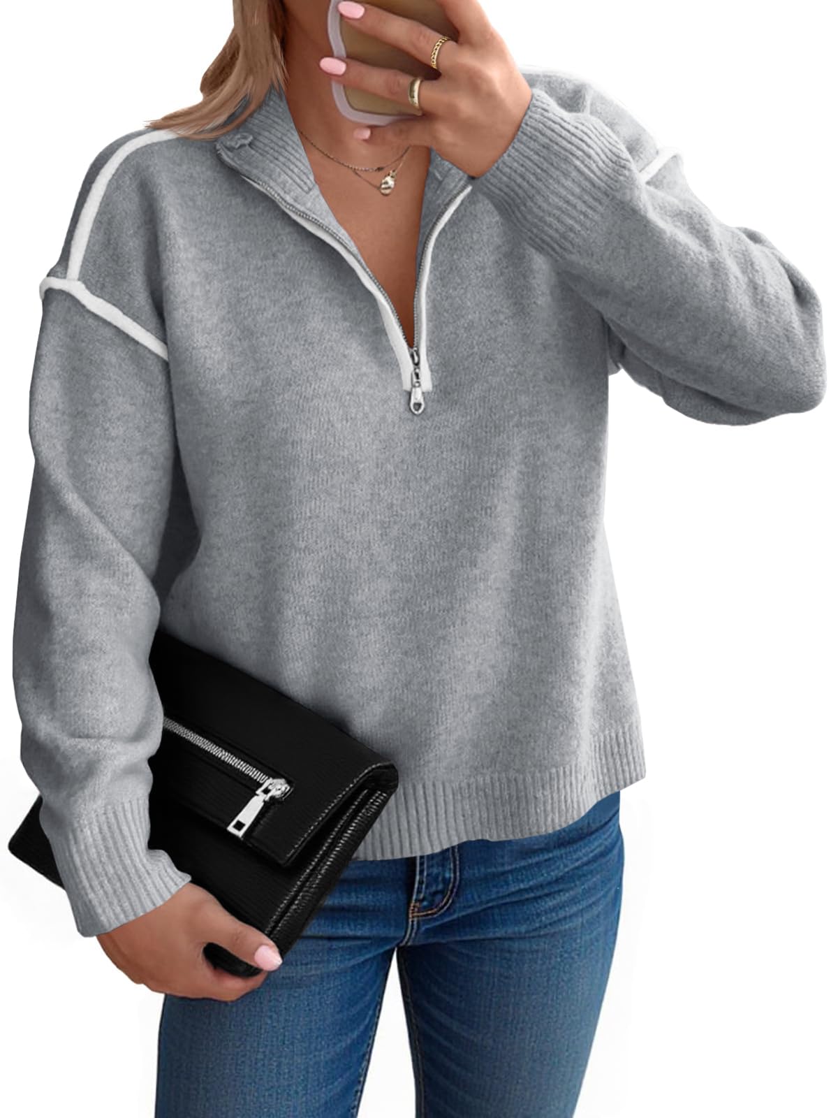 Women's Casual Color Block V Neck Quarter Zip Pullover Sweaters