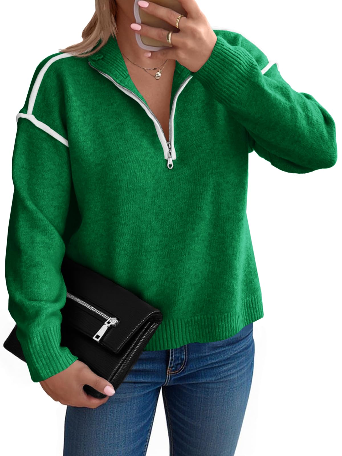 Women's Casual Color Block V Neck Quarter Zip Pullover Sweaters