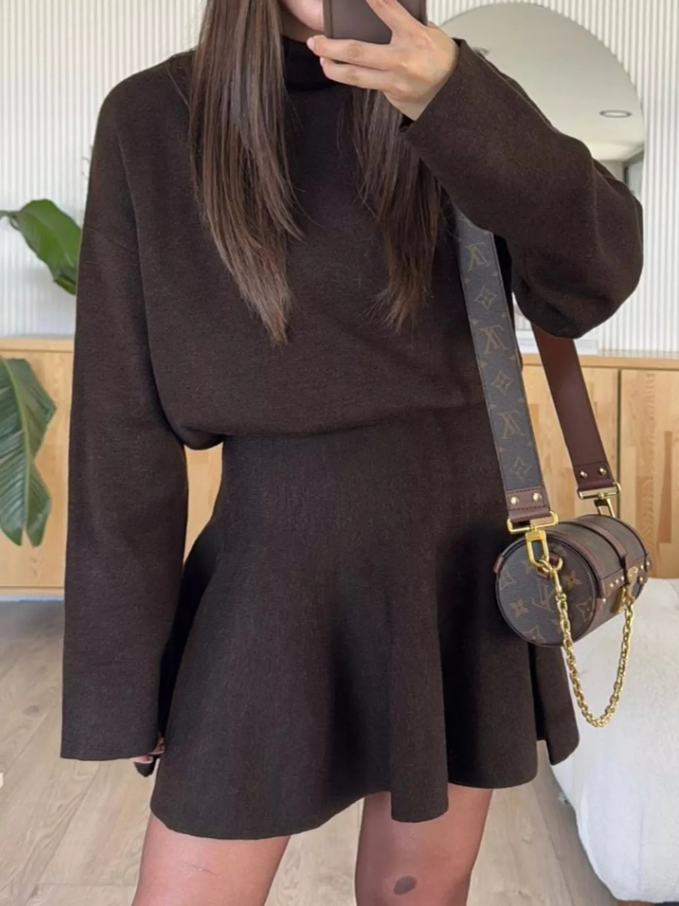 Women's Half-High Neck Long Sleeve Loose Fit Knit Sweater Dress
