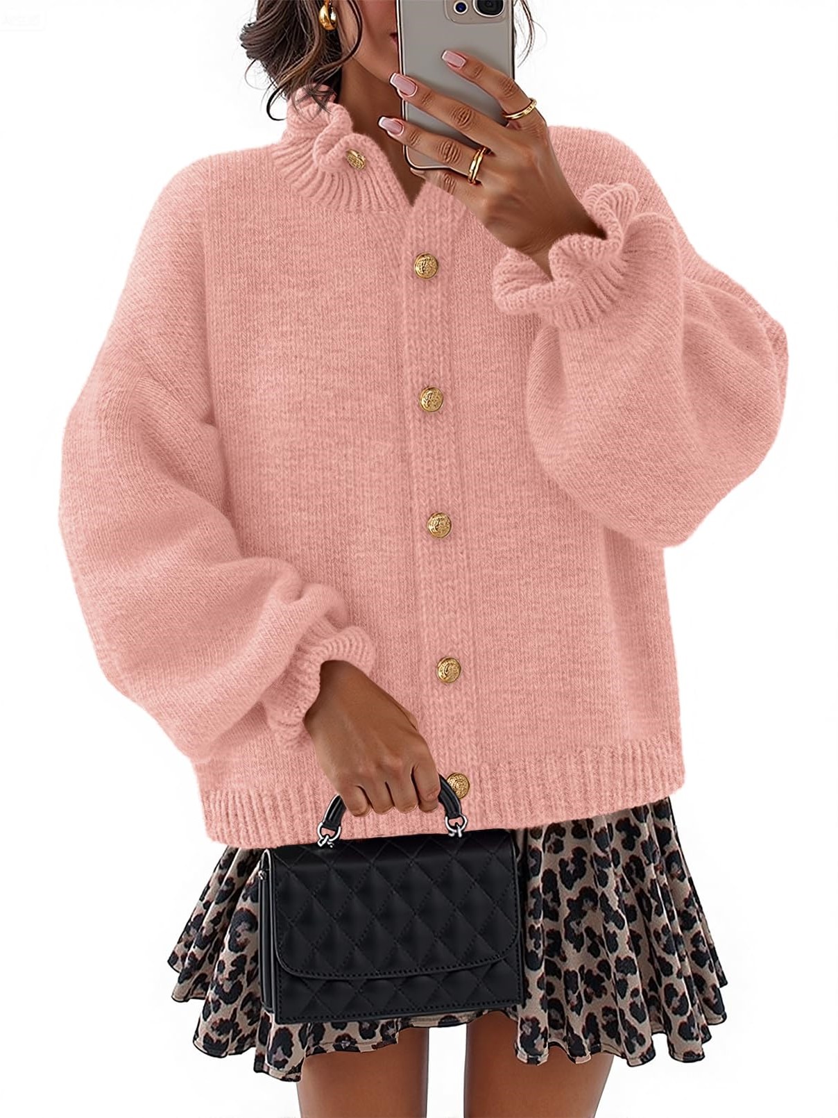 Women's Ruffle Button Down Long Sleeve Chunky Cardigan Sweaters