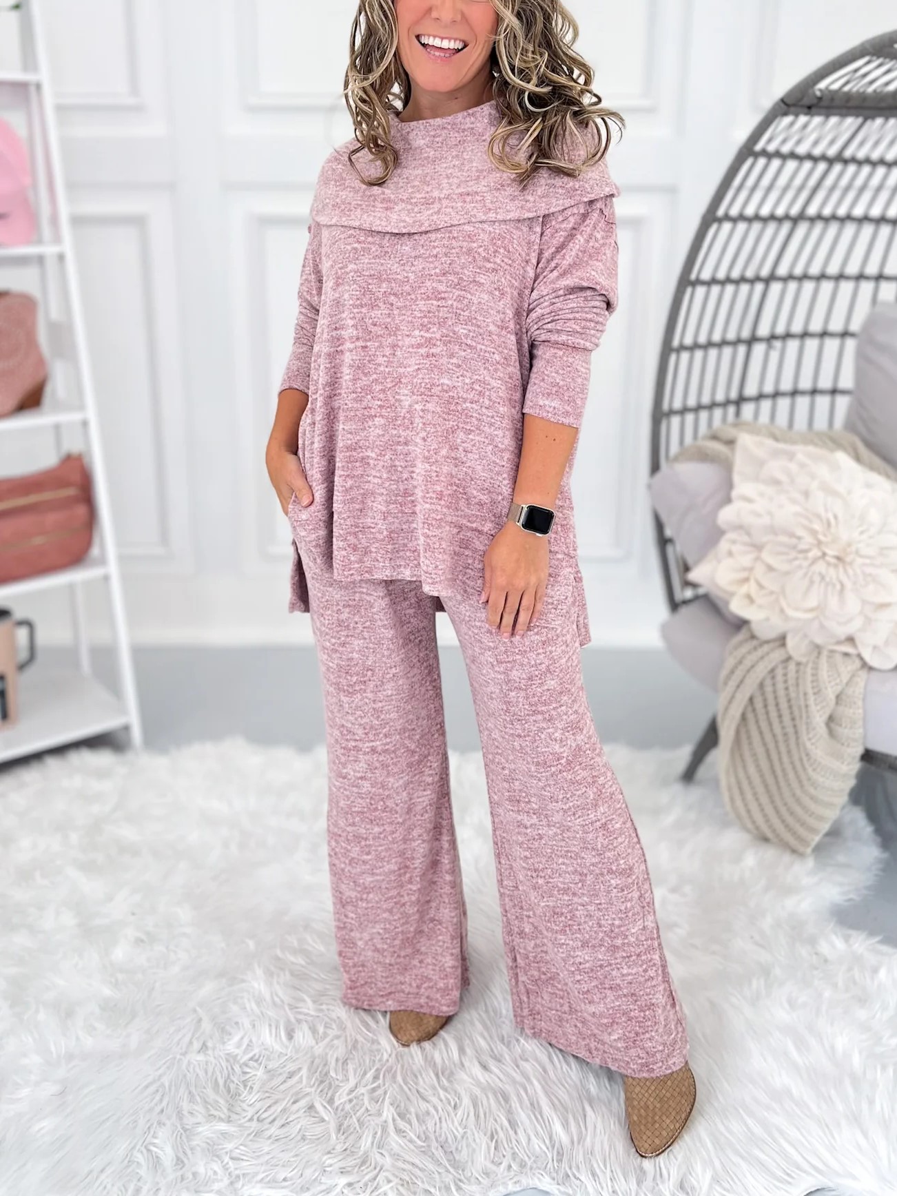 Women's Soft Knit Fold Boat Neck Top and Pants Lounge Set