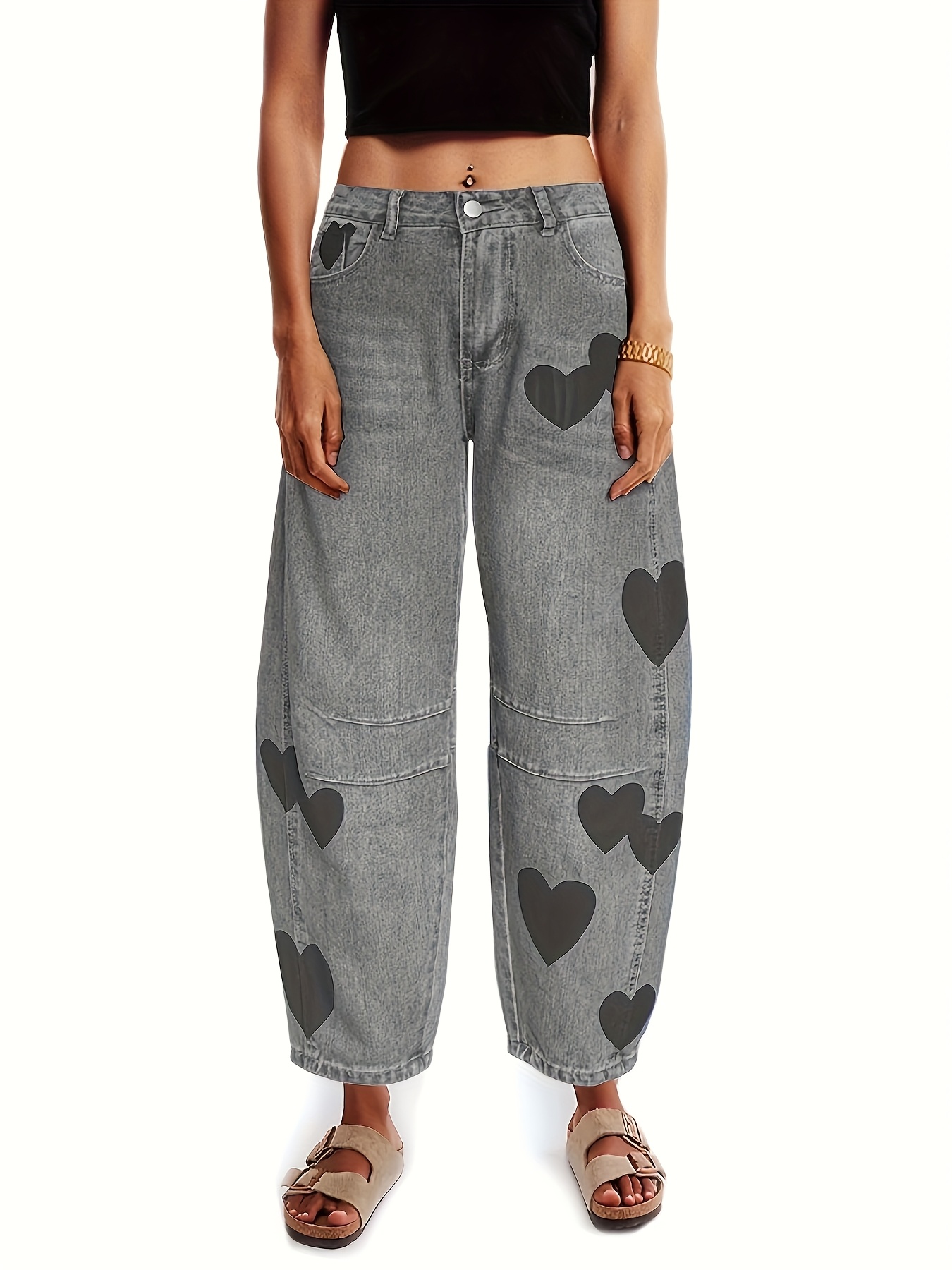Women's Mid Rise Heart Printed Wide Leg Barrel Jeans