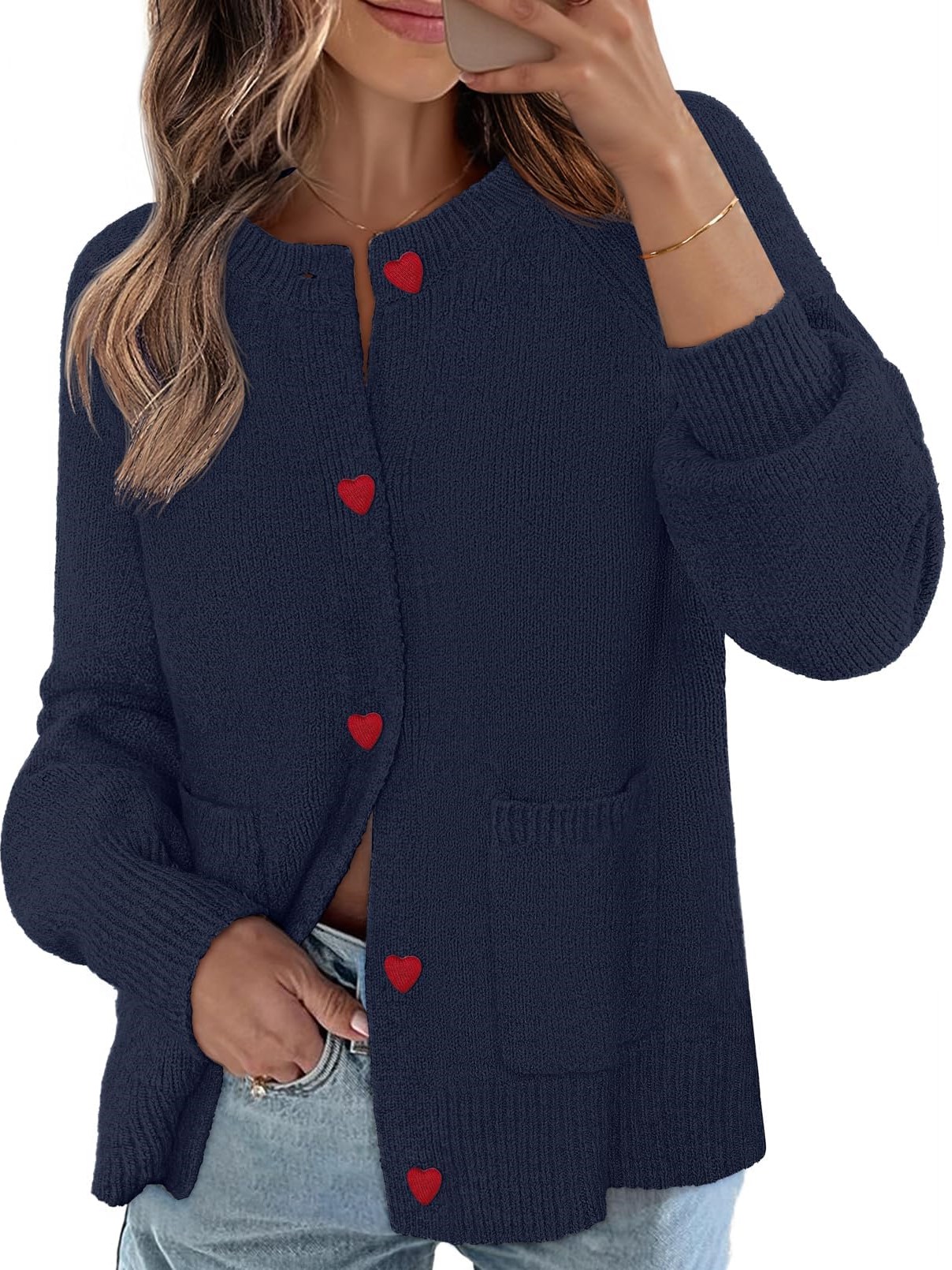Women's Chunky Knit Cute Heart Button Cardigan Sweater