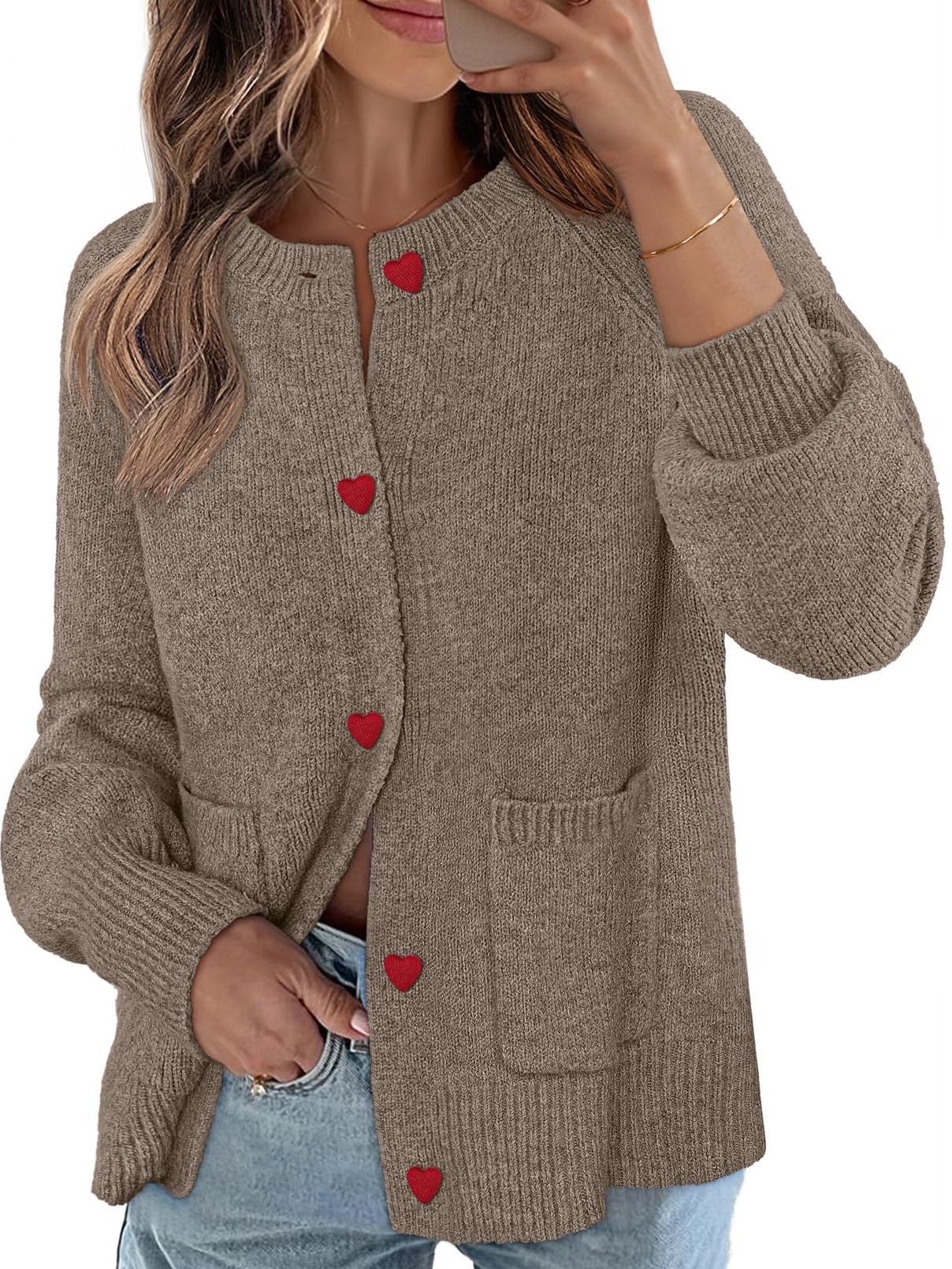 Women's Chunky Knit Cute Heart Button Cardigan Sweater