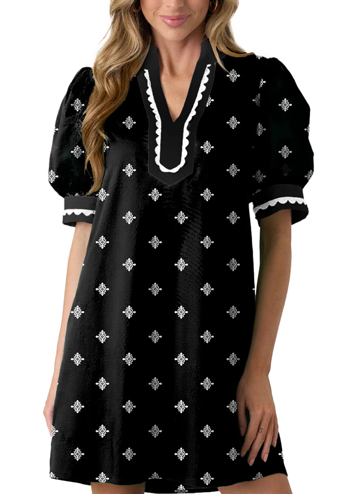 Women's Floral Print V Neck Ricrac Trim Puff Sleeve Dress