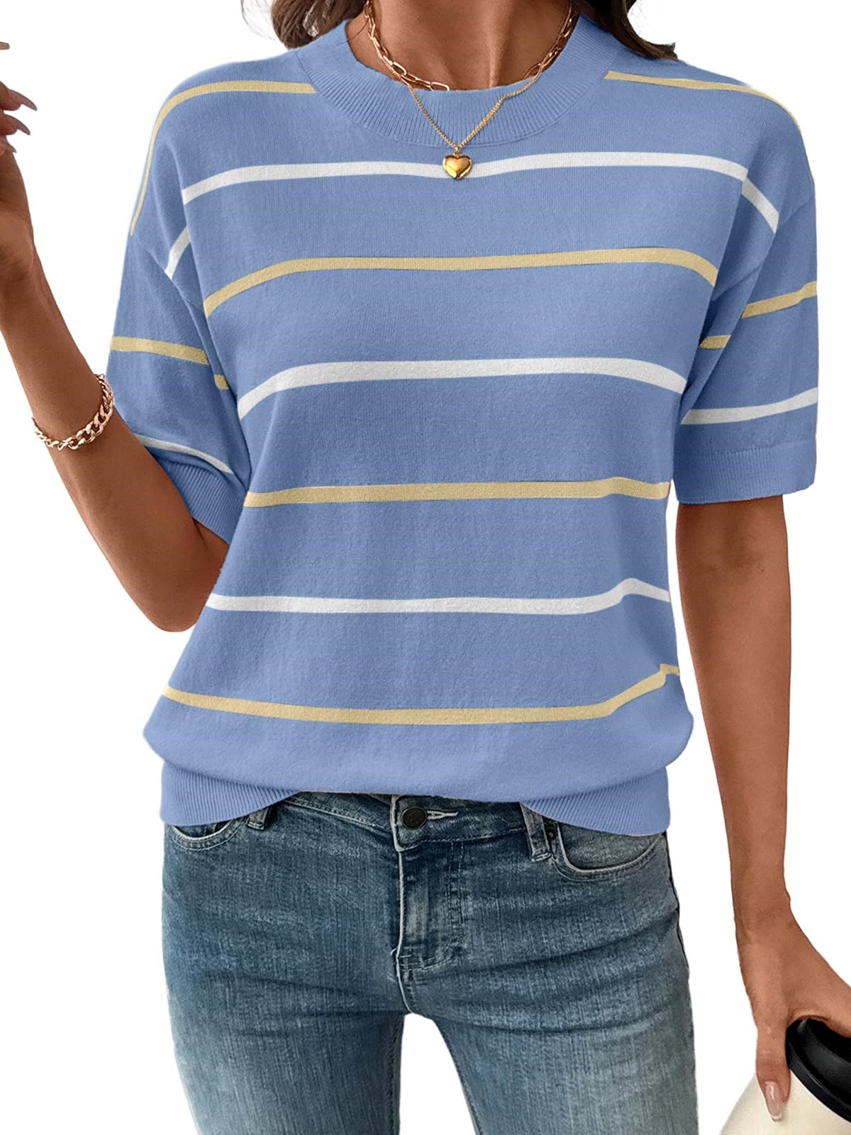 Women's Knitted Striped Crewneck Short Sleeve Sweater