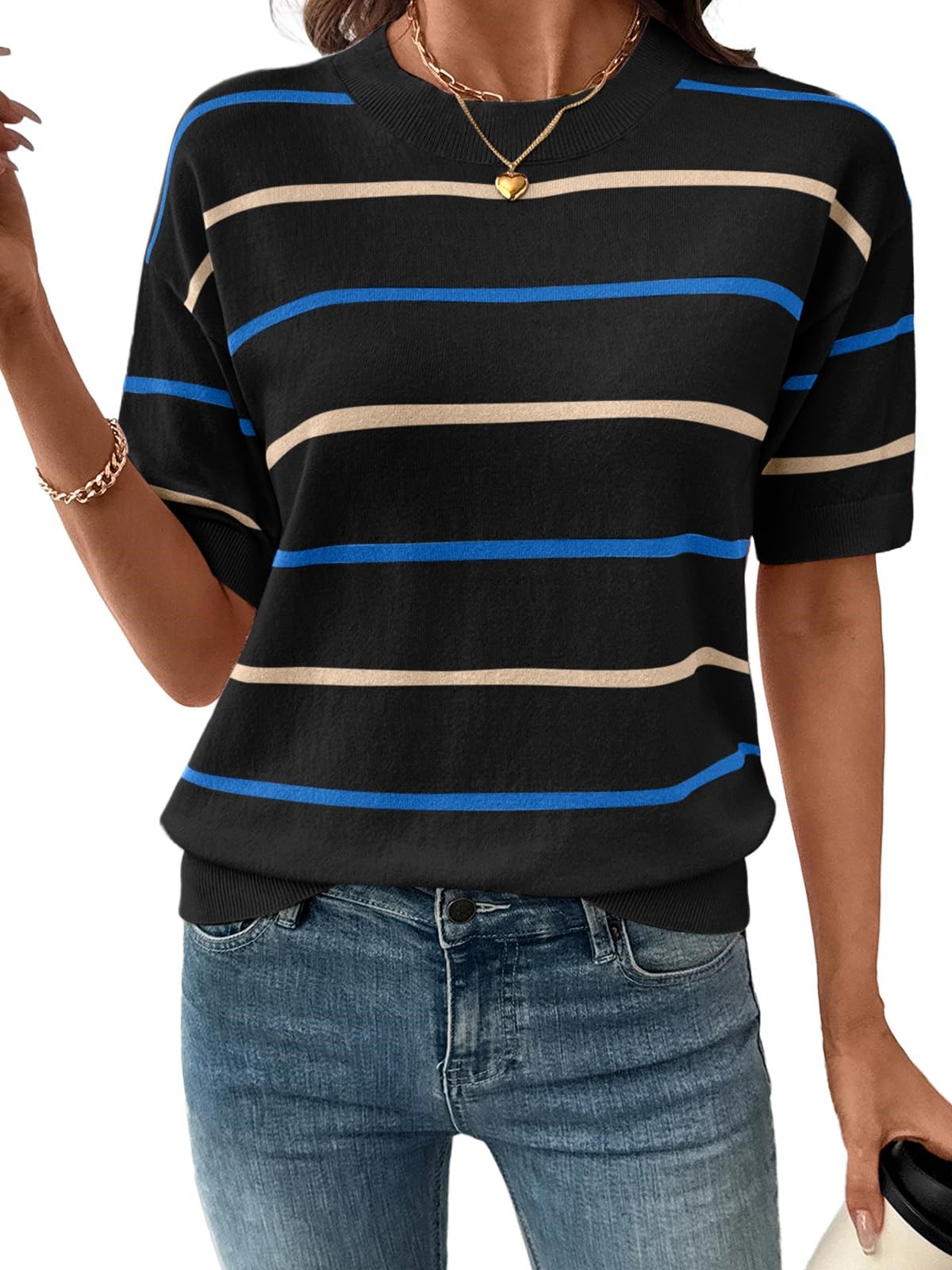 Women's Knitted Striped Crewneck Short Sleeve Sweater