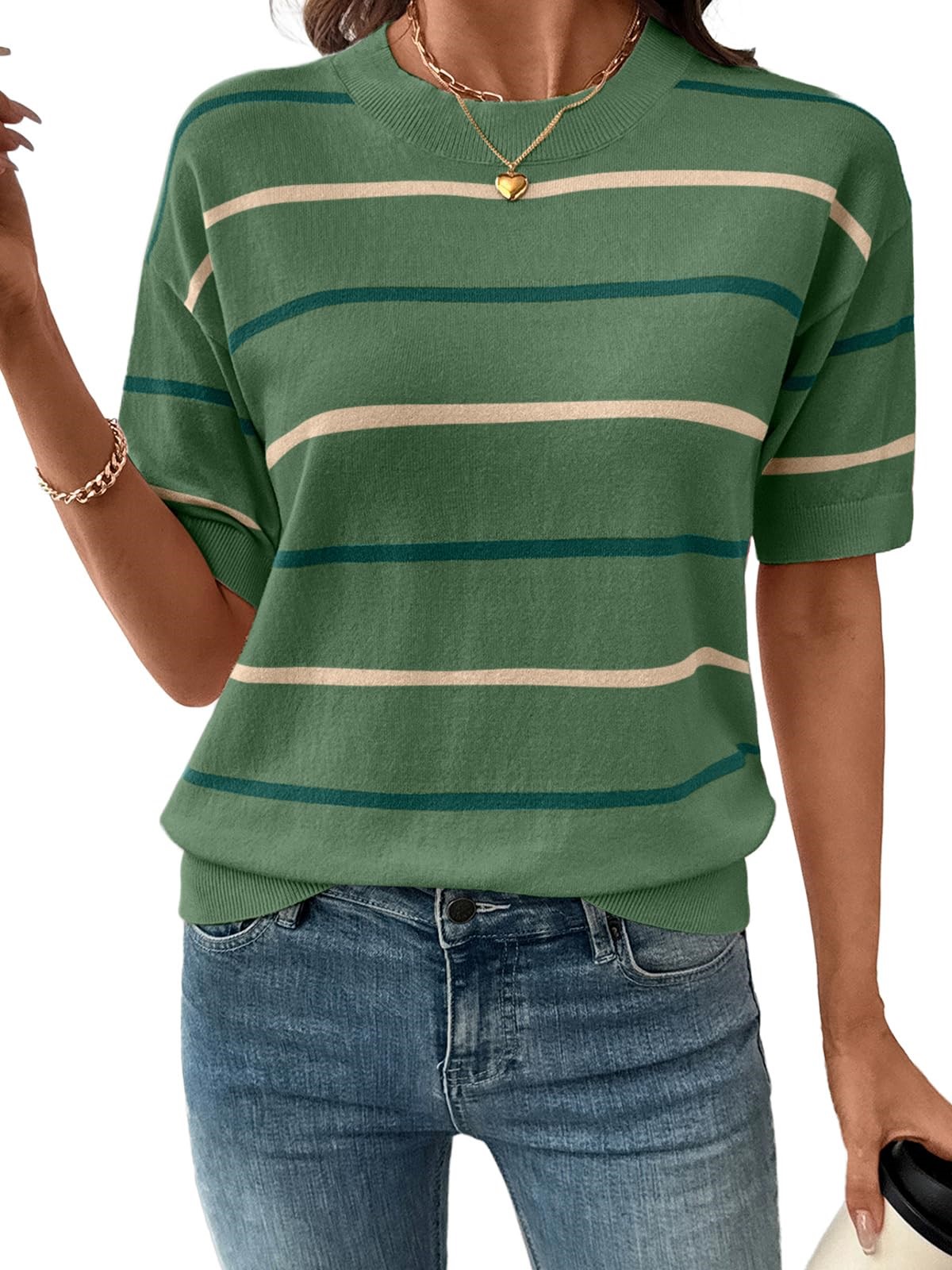 Women's Knitted Striped Crewneck Short Sleeve Sweater