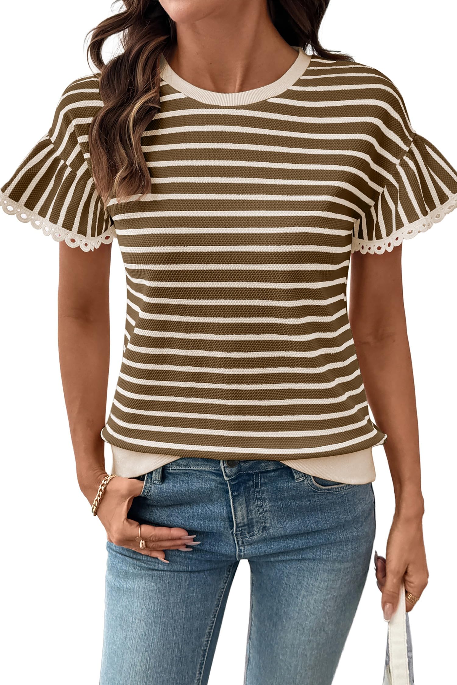 Women's Knit Striped Color Block Ruffled Short Sleeve Top