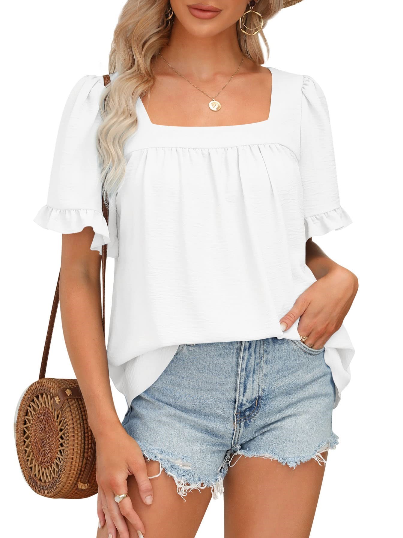 Women's Sqaure Neck Ruffle Sleeve Blouses Peplum Tops