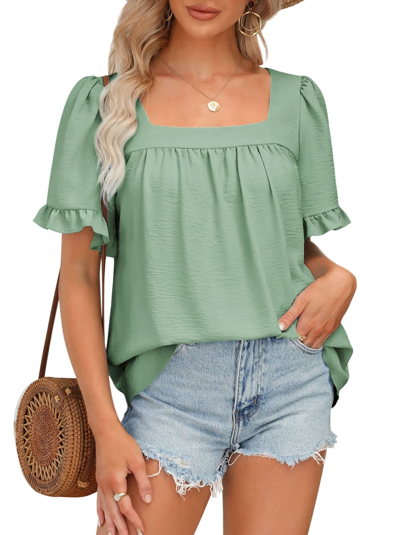 Women's Sqaure Neck Ruffle Sleeve Blouses Peplum Tops